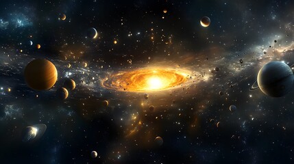 Complete Solar System: A panoramic view of the entire solar system, with each planet orbiting the sun in the vastness of space.
