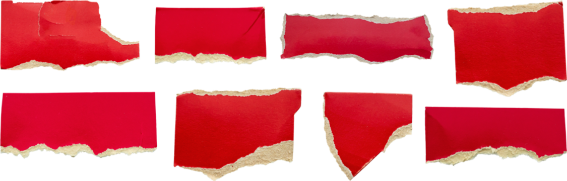 piece of red cardboard paper tear set isolated on white background