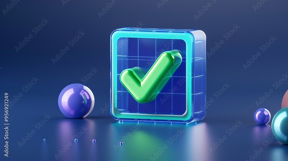 Poster 3d check mark icon in blue background with geometric shapes, symbolizing confirmation, validation, a