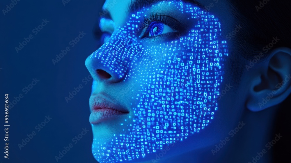 Poster a woman with digital blue and white facial features on her face, which is covered in binary code pat