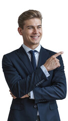 Businessman standing and pointing with index finger PNG Transparent
