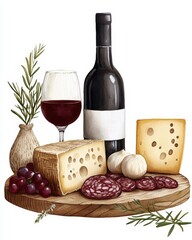 Naklejka premium A delightful arrangement of wine, cheese, and charcuterie, perfect for gatherings and culinary enjoyment.
