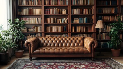 Vintage inspired cozy living room interior with large bookshelf filled with old books tufted leather sofa and a Persian rug creating a refined and sophisticated atmosphere