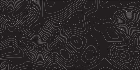 Abstract white on black background Topographic line and dots map pattern. Contour elevation topographic and textured Background Modern design with black background with topographic wavy patted.	