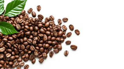 Freshly roasted coffee beans with leaves, isolated against a white background.