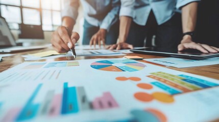 A group collaborates on data analysis with charts and reports on a table.
