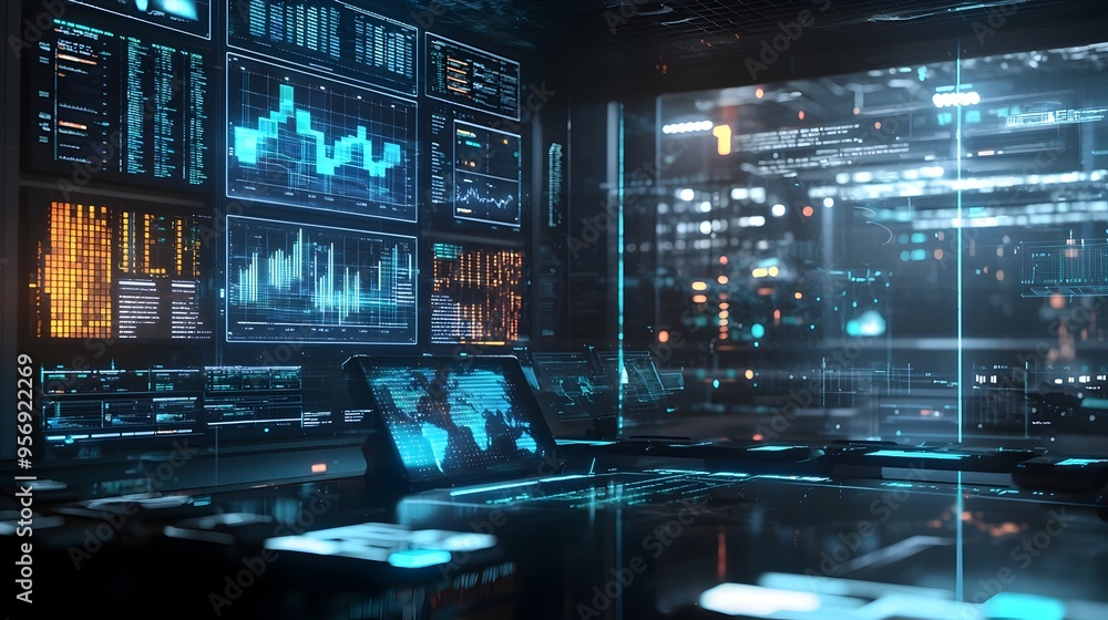 Poster futuristic high-tech workspace with glowing screens and financial data analytics