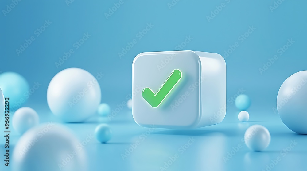 Aufkleber 3d confirmation icon with green checkmark on blue background surrounded by abstract shapes. concept 