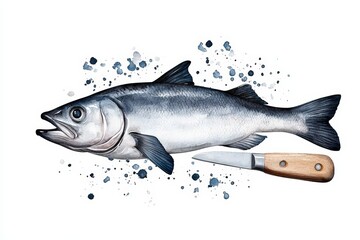 Obraz premium A detailed illustration of a fish alongside a knife, perfect for culinary or marine-themed projects.