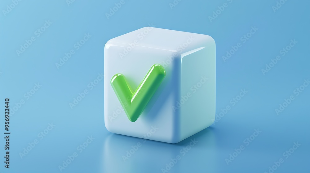 Poster 3d cube with a green check mark on a blue background, representing approval, verification, or comple