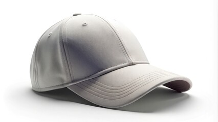 Fototapeta premium Elegant blank baseball cap mockup on a white background, isolated and angled, with a subtle shadow and fold, ready for customization or branding.