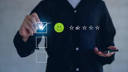  User give rating to service excellent experience, Client evaluate quality of service reputation ranking of business. Customer review satisfaction feedback survey concept.