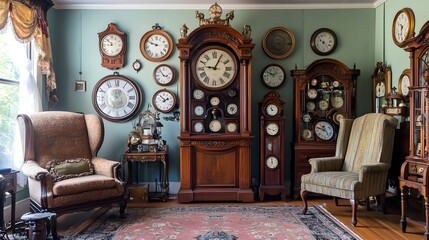 A cozy and elegant vintage living room featuring an impressive collection of antique clocks including a majestic grandfather clock