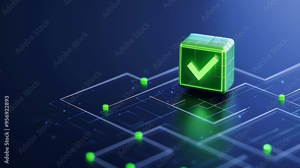 Poster 3d digital representation of a green check mark cube in a tech circuit environment, symbolizing vali