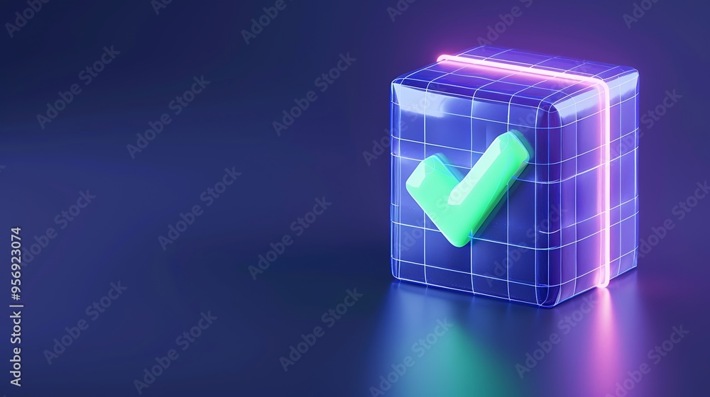 Poster 3d glowing check mark on neon grid cube, symbolizing digital verification or approval. vibrant color