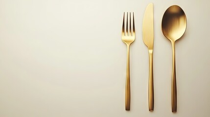 Luxurious gold cutlery set, featuring a spoon and fork, placed on a smooth white background. The premium tableware shines in an elegant composition.