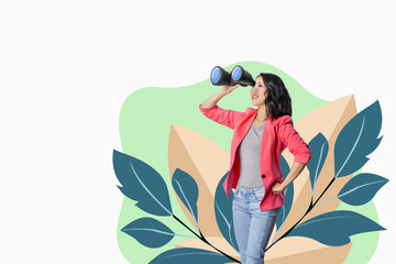 Young woman with binoculars. Vector illustration for search, observation, discovery, future concept.