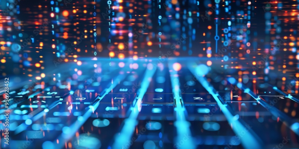 Poster a keyboard with a double exposure of binary code and network patterns, illustrating digital communic