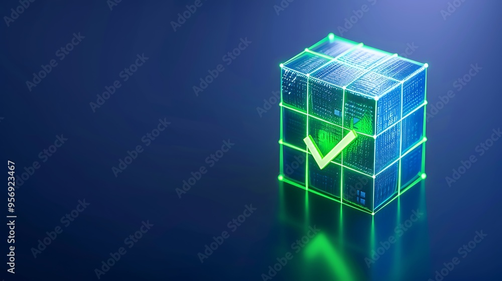 Poster 3d glowing cube with green checkmark inside, representing technology, security, and data verificatio