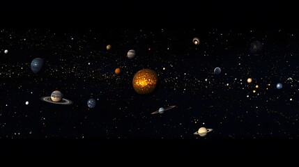 Complete Solar System: A panoramic view of the entire solar system, with each planet orbiting the sun in the vastness of space.

