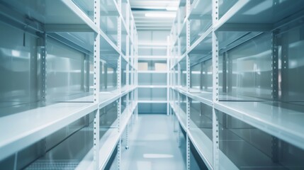 Fototapeta premium A perspective of empty metal shelves in a white storage room, illustrating order and symmetry.