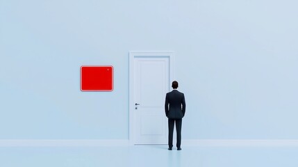 Knock of Doom, a man faces a daunting failure sign on a door, representing career obstacles and setbacks, evoking feelings of challenge and determination in a vast open space.