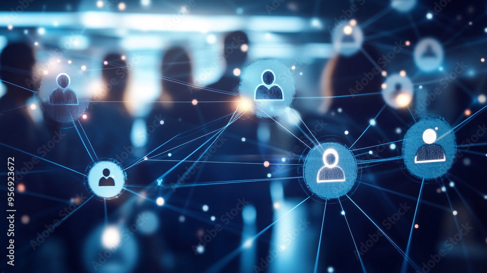 Poster dynamic illustration of interconnected people in a digital networking environment