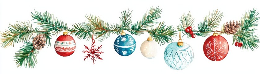 A festive arrangement of colorful Christmas ornaments and pine branches, perfect for holiday-themed designs.