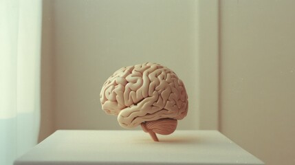 A close-up photograph of a realistic human brain model displayed in a minimalist, softly-lit environment.