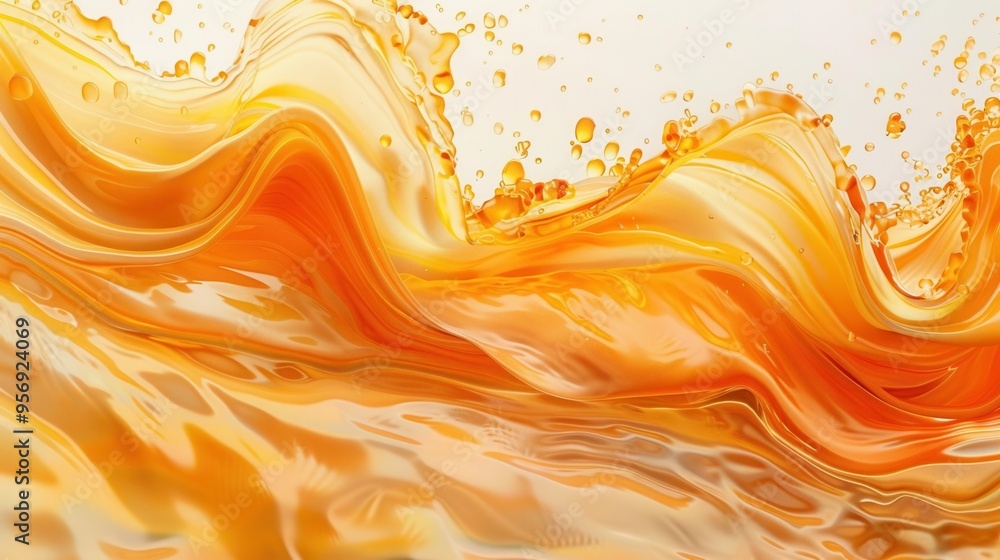 Poster generative ai, flowing liquid with splashes in apricot color glossy cream caramel fluid banner, 3d e