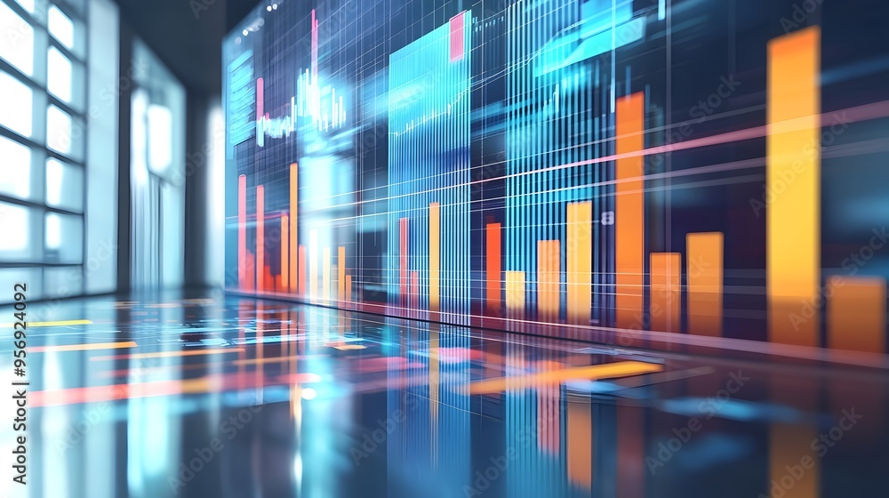 Poster futuristic abstract office background with holographic business charts and data visualization