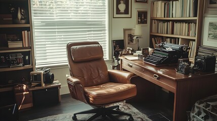 Vintage living room with a collection of antique leather club chair and a classic typewriter on a wooden desk creating a nostalgic and inspiring workspace atmosphere