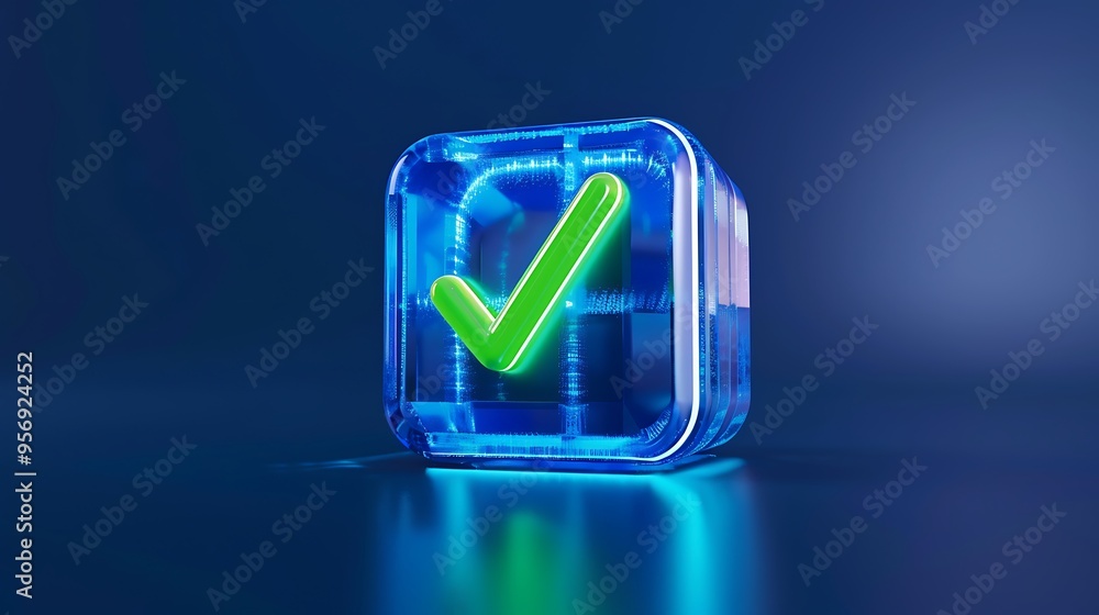 Poster 3d green check mark in a blue transparent cube, glowing verification symbol on a dark gradient backg