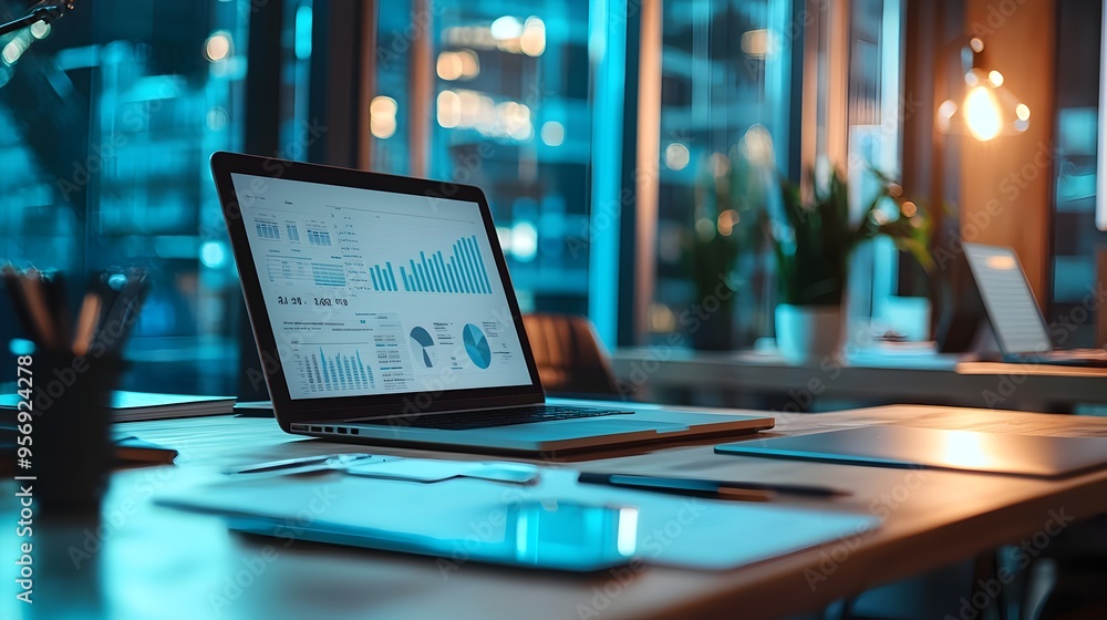 Poster blurred workstation with financial data visualizations symbolizing productivity in modern business