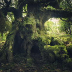 Detail of a think old growth laurel tree trunk in Fanal Forest, Madeira