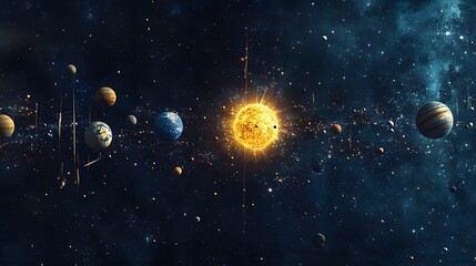 Complete Solar System: A panoramic view of the entire solar system, with each planet orbiting the sun in the vastness of space.
