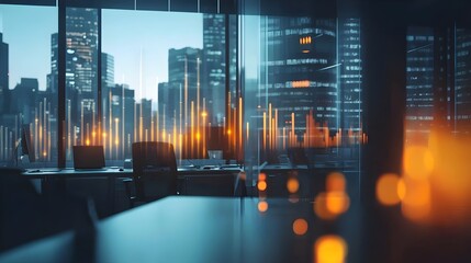 Blurry Business Office with Glowing Financial Data Overlay Symbolizing Corporate Progress