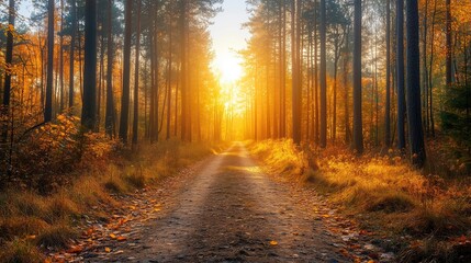 Vibrant autumn forest path illuminated by golden sunlight