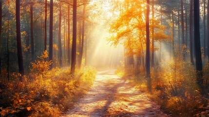 Obraz premium Vibrant autumn forest path illuminated by golden sunlight