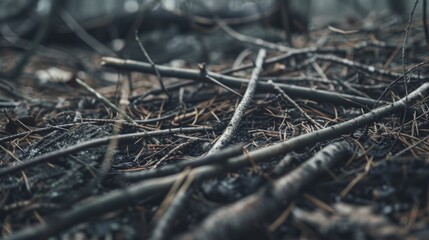 Obraz premium Close-up of twigs and needles scattered on the forest floor, creating an intricate, natural texture amid the tranquility of a dense woodland.