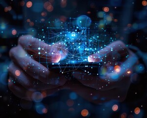Cybersecurity concept, data protection, businessman with smartphone, lock icon, virtual screen, glowing network, dark digital backdrop