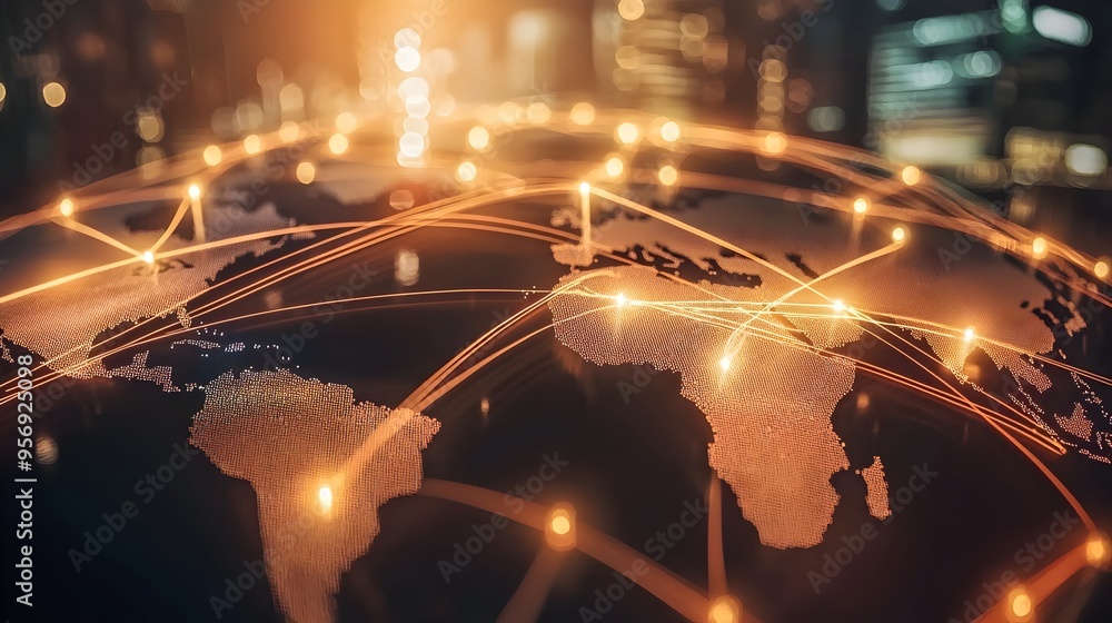 Poster interconnected global business expansion with abstract map visualization