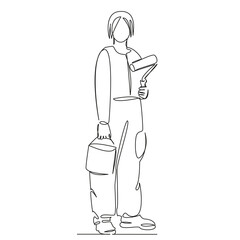 One continuous single drawing line art flat doodle person, indoor, woman, adult, one person, renovation, color image, diy, paint roller. Isolated image hand draw contour on a white background