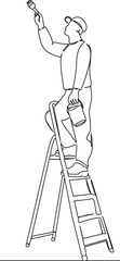One continuous single drawing line art flat doodle man on stepladder, painting with brush, painting walls, holding paint in hand. Isolated image hand draw contour on a white background