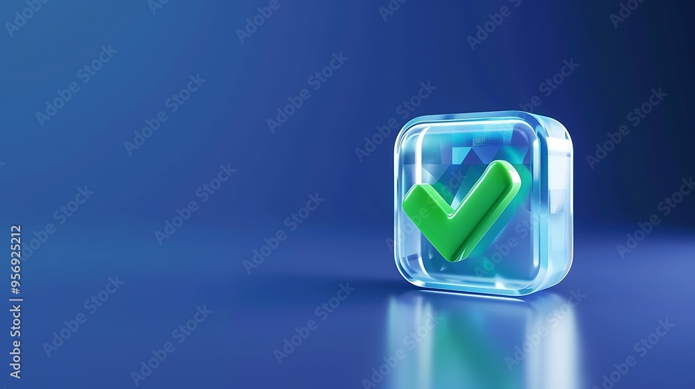 Poster 3d green checkmark icon inside transparent cube on a blue gradient background symbolizing approval a