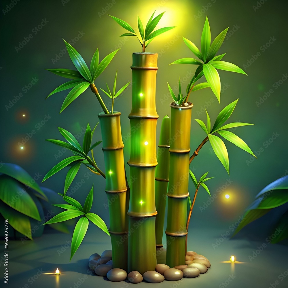 Aufkleber a serene 3d illustration of a group of bamboo stalks glowing with an ethereal light. creating a calm