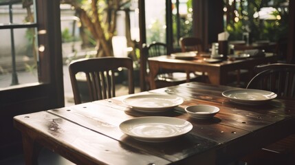 Fototapeta premium Soft morning light bathes an empty wooden table set for breakfast in a cozy café, creating a serene and inviting atmosphere.