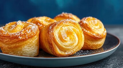 Fototapeta premium Freshly baked pastry rolls on a plate, dusted with powdered sugar, showcasing a golden brown hue and flakey texture.