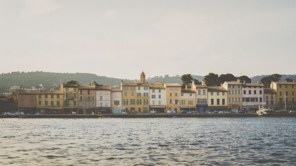 Obraz premium A picturesque waterfront town with colorful buildings reflecting on calm waters, evoking a charming and tranquil European vibe.