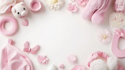 Top view of pink and white baby girl accessories arranged in a frame on white background. Perfect for birth announcements and baby showers.